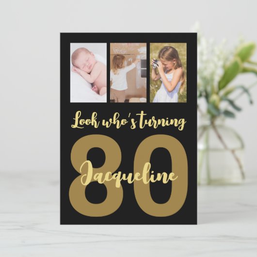 Aangepaste 80e verjaardag Zwart en Goud Fotocollag Kaart (Staand voorkant)