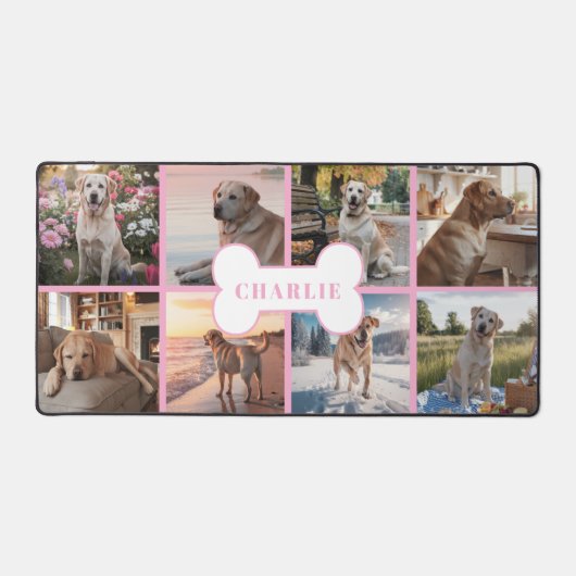 Aangepaste 8 Foto Collage Hond Bone Pet Pink Bureaumat (Voorkant)