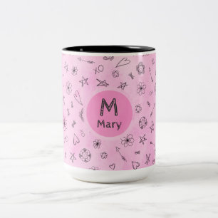 Aangepaste aangepaste naam en roze monogram Mary Tweekleurige Koffiemok
