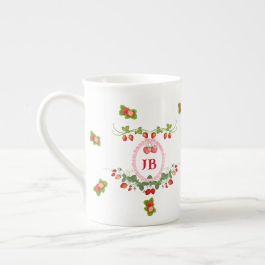 Aangepaste Aardbei Monogrammed Porselein Kop (Links)
