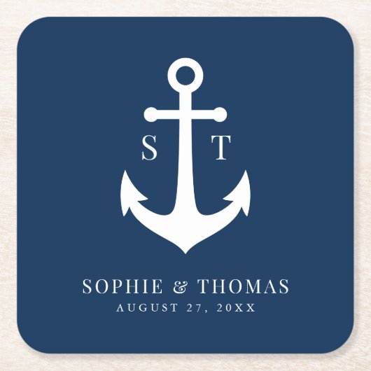 Aangepaste achtergrond kleur Monogram Anker Bruilo Vierkante Kartonnen Onderzetter (Voorkant)
