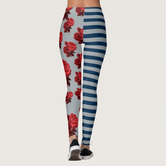 Aangepaste achtergrondkleur Blauwe Stripe Red Rose Leggings (Achterkant)