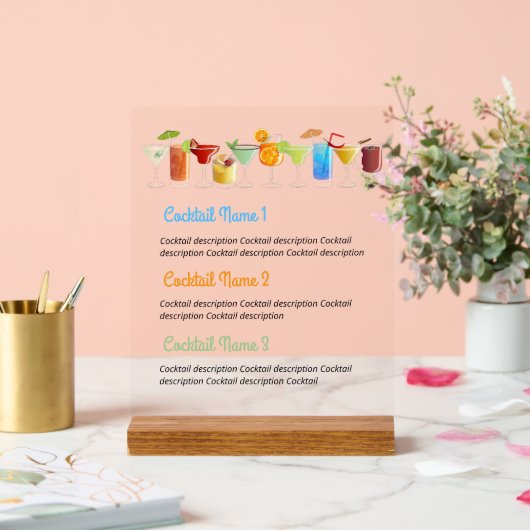 Aangepaste Acryl Bar Menu met handgetekende cockta Acryl Bord (Huwelijk)