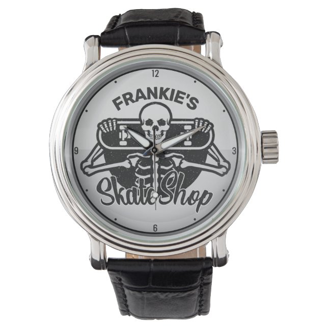 Aangepaste ADD NAAM Skull Skateboard Schaats Winke Horloge (Voorkant)