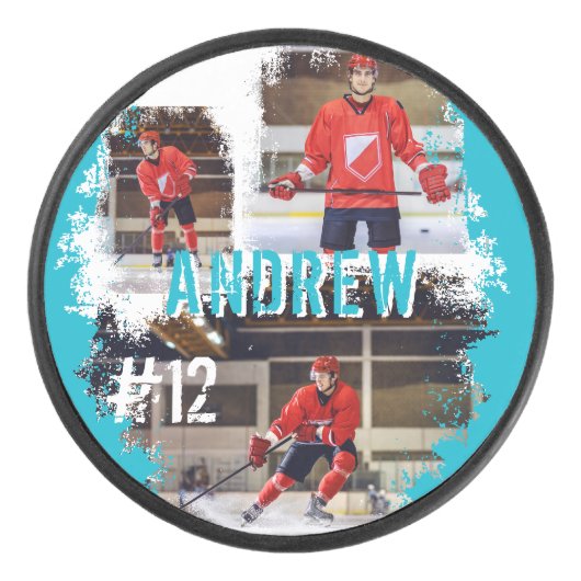 Aangepaste afspeelnaam en nummer 3 Fotocollage Hockey Puck (Voorkant)