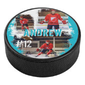 Aangepaste afspeelnaam en nummer 3 Fotocollage Hockey Puck (3/4)