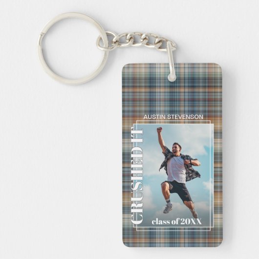 Aangepaste Afstuderen foto op Gingham Pattern-Sleu Sleutelhanger (Voorkant)