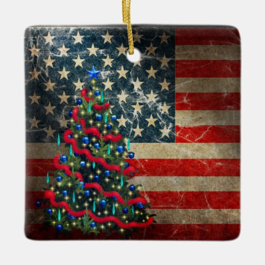 Aangepaste Amerikaanse vlag en kerstboom Keramisch Ornament (Voorkant)