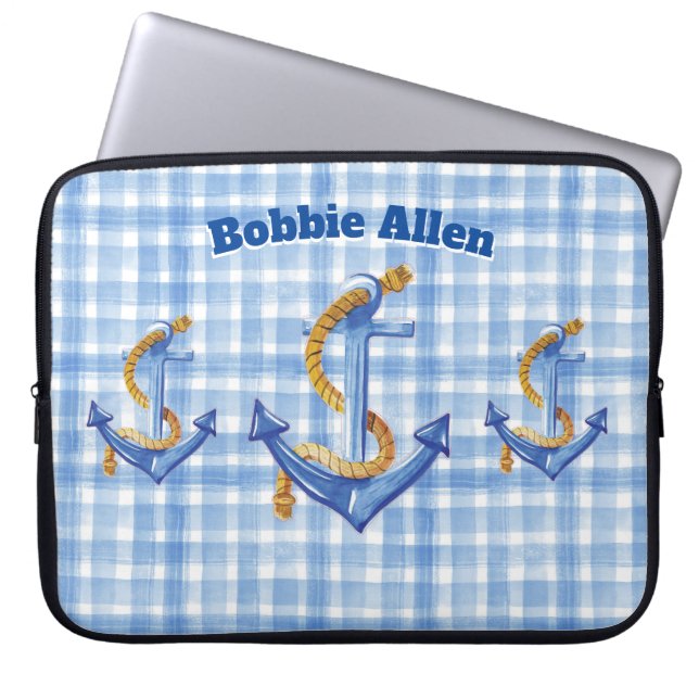 Aangepaste anker en ringblauwe gingham laptop sleeve (Voorkant)
