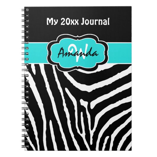Aangepaste Aqua Black White Zebra Stripe Journal Notitieboek (Voorkant)