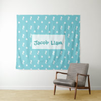 Aangepaste Aqua Blue Seahorse Boys Name Tapestry