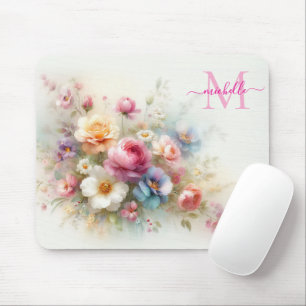Aangepaste Aquarel Bloemensjabloon Monogram & Naam Muismat