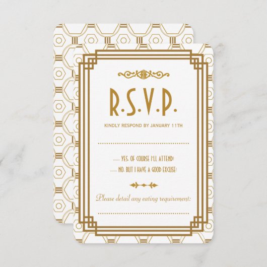 Aangepaste Art Deco Witte Bruiloft RSVP Kaarten (Voorkant / Achterkant)