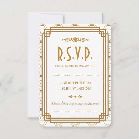 Aangepaste Art Deco Witte Bruiloft RSVP Kaarten (Voorkant)