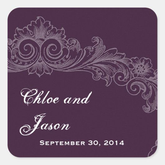 Aangepaste aubergine Paarse  bloemenbruiloft Vierkante Sticker (Voorkant)