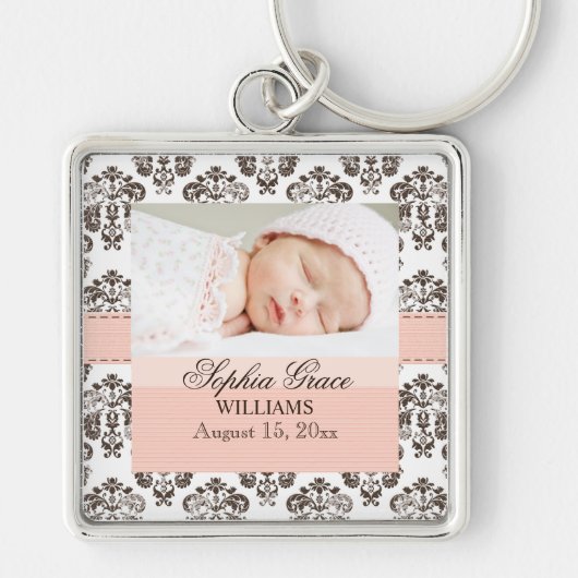 Aangepaste Baby Damask foto Sleutelhanger Roze en (Voorkant)