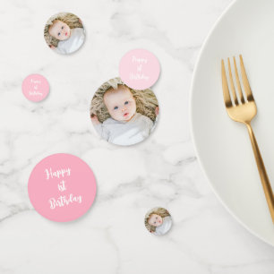 Aangepaste baby foto roze 1e verjaardag confetti