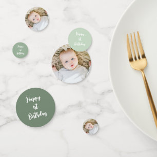 Aangepaste baby Foto Sage Green 1e Verjaardag Confetti