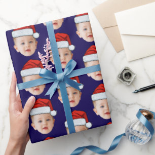 Aangepaste Baby Head Face Foto Santa Hat Xmas Blau Cadeaupapier