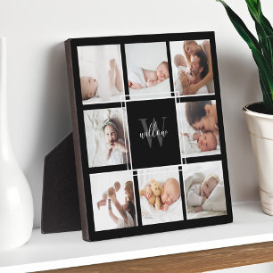 Aangepaste Baby-naam en monogram fotocollage zwart Fotoplaat