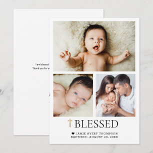 Aangepaste babydoop foto gouden kruis gezegend bedankkaart