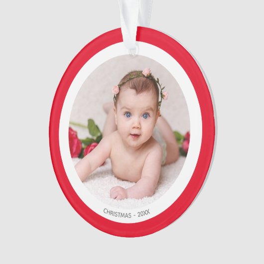 Aangepaste babyfoto met rood en wit Lijst Ornament (voorkant)