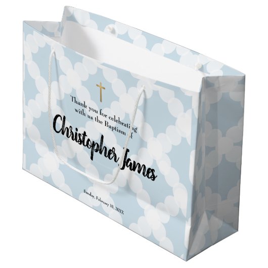 Aangepaste babyjongen baptisme Blue Gold Cross Groot Cadeauzakje (Voorkant Gekanteld)
