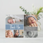 Aangepaste babyjongen Stusty Blue Shower Foto Bedankkaart (Staand voorkant)