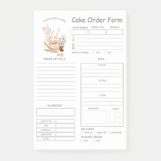 Aangepaste bakkerijbestellingsformulieren na de in post-it® notes (Voorkant)