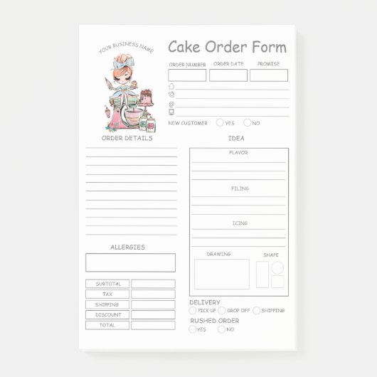 Aangepaste bakkerijbestellingsformulieren na de in post-it® notes (Voorkant)