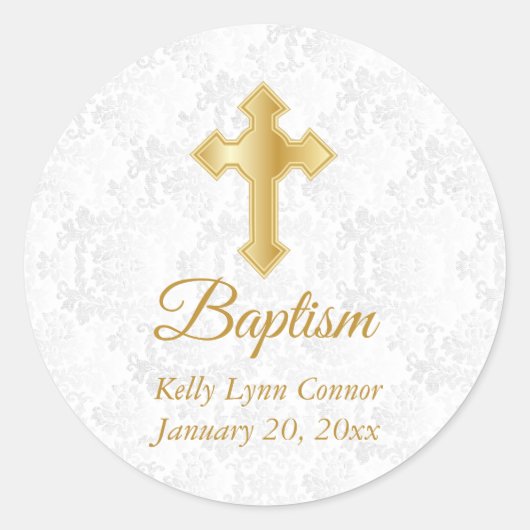 Aangepaste Baptisme in  White Damask en Gold Ronde Sticker (Voorkant)