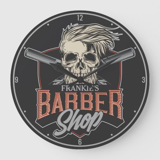 Aangepaste Barber Shop Hipster Skull en Razors Grote Klok (Voorkant)