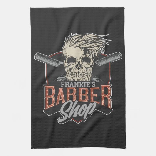 Aangepaste Barber Shop Hipster Skull en Razors Theedoek (Verticaal)