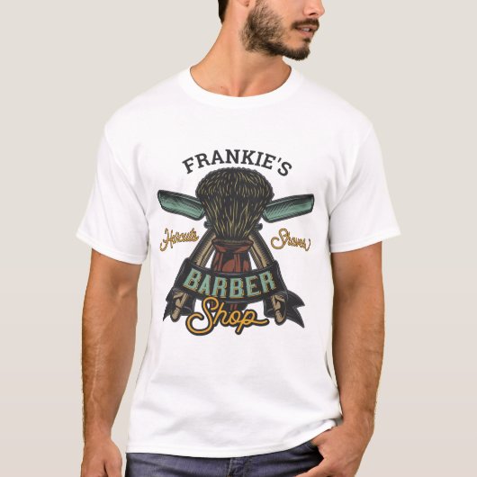Aangepaste Barber Winkel Retro Haircuts Shaves T-shirt (Voorkant)