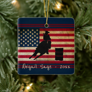 Aangepaste Barrel Racing American Flag Horse Keramisch Ornament
