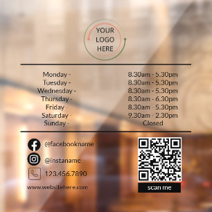 Aangepaste bedrijfsuren vensterfolie met logo & QR Raamsticker