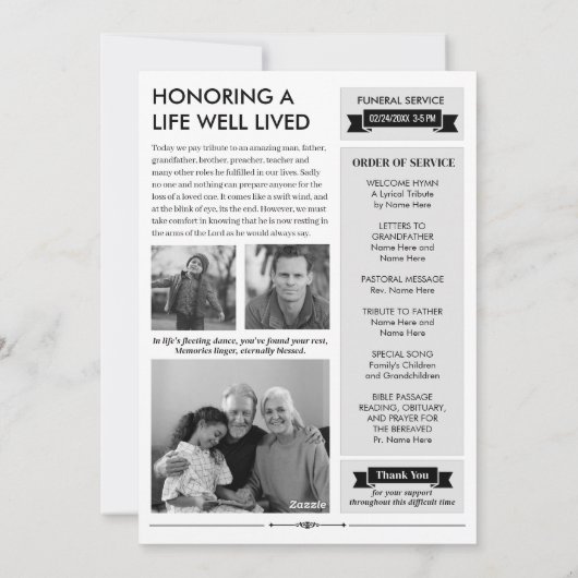 Aangepaste begrafeniskrant w-programma, Memorial K Feestdagenkaart (Achterkant)