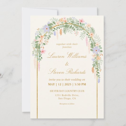 Aangepaste Beige Groen Blauw Goud Bloemen Boog Wed Kaart (Voorkant)