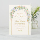 Aangepaste Beige Groen Blauw Goud Bloemen Boog Wed Kaart (Staand voorkant)