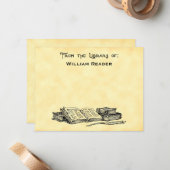 Aangepaste bibliotheek van  boeken en schrijfquill notitiekaartje (Voorkant / Achterkant in situ)