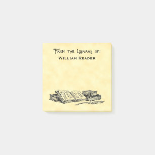 Aangepaste bibliotheek van  boeken en schrijfquill post-it® notes