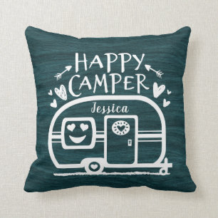 Aangepaste, bijpassende Camping Happy Camper Blue Kussen