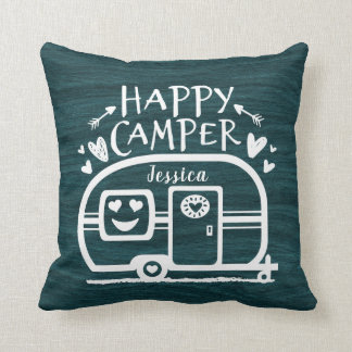 Aangepaste, bijpassende Camping Happy Camper Blue  Kussen
