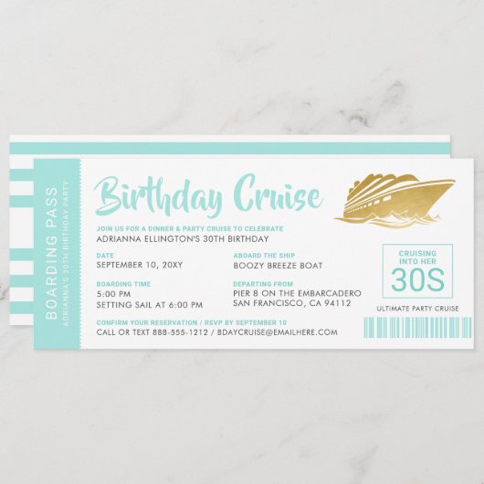 Aangepaste Birthday Cruise Boarding Pass Blauwgroe (Voorkant / Achterkant)