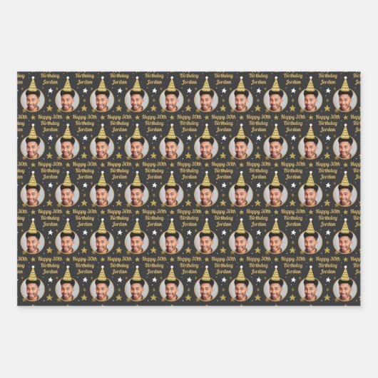 Aangepaste 'Birthday'-verlooppapier, zwart en goud Inpakpapier Vel (Voorkant 2)