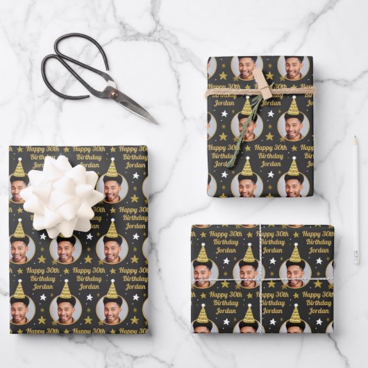 Aangepaste 'Birthday'-verlooppapier, zwart en goud Inpakpapier Vel (Voorkant)