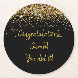 Aangepaste Black en Gold Graduation Party Sparkle Ronde Kartonnen Onderzetter