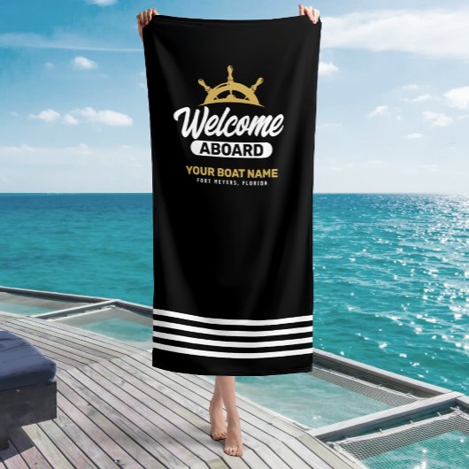 Aangepaste Black & Gold Boat Naam Welkom aan boord Strandlaken