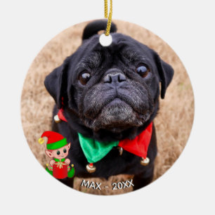 Aangepaste Black Pug Dog-foto met Cute Elf Keramisch Ornament