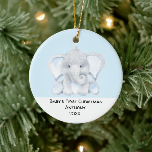 Aangepaste blauw-olifantenbaby's, eerste Kerstmis Keramisch Ornament (Boom)